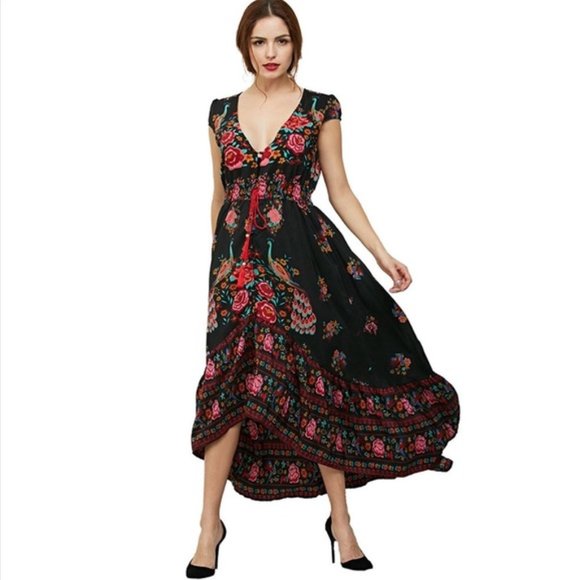 RANI Black Bohemian Peacock Maxi Dress - Picture 1 of 5